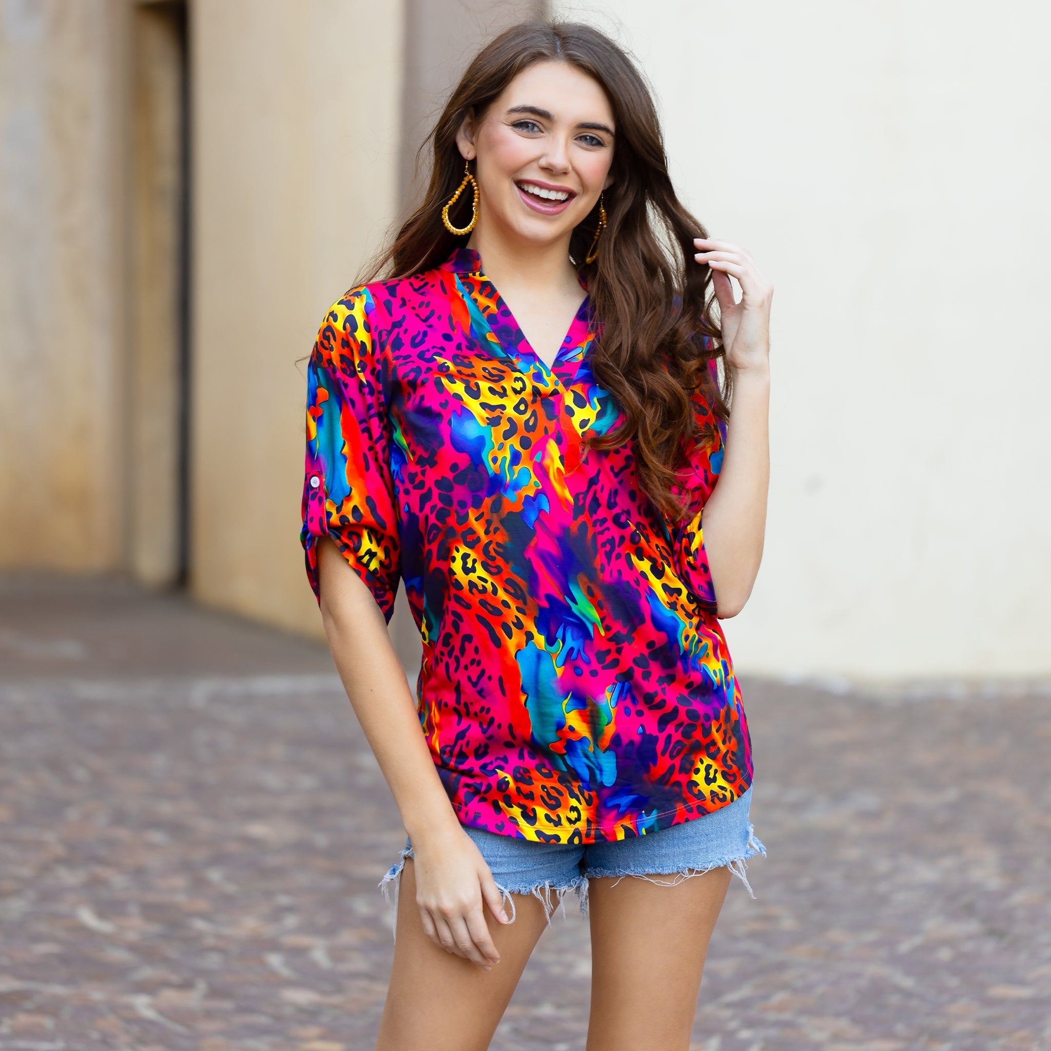 Curvy Multi-color Leopard V Neck Top