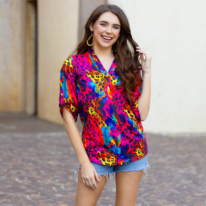 Curvy Multi-color Leopard V Neck Top
